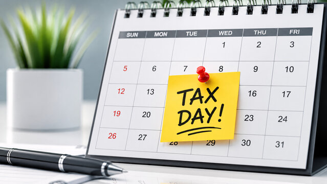Tax Day reminder sticky note on calendar with push pin. Financial obligation deadline alert, corporate filing date notice, business accounting timeline and budget payment organization.