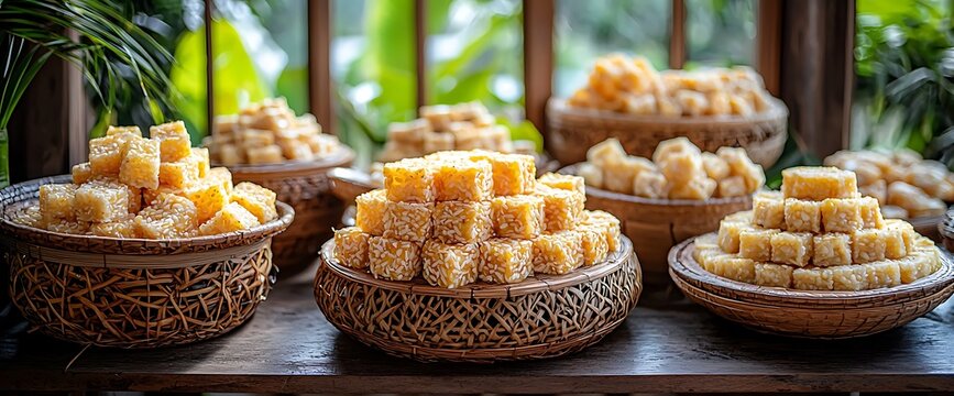 Golden dessert cubes in wicker bowls, lush garden backdrop, buffet display