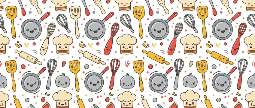 Seamless Pattern of Cute Kawaii Kitchenware and Cooking Tools