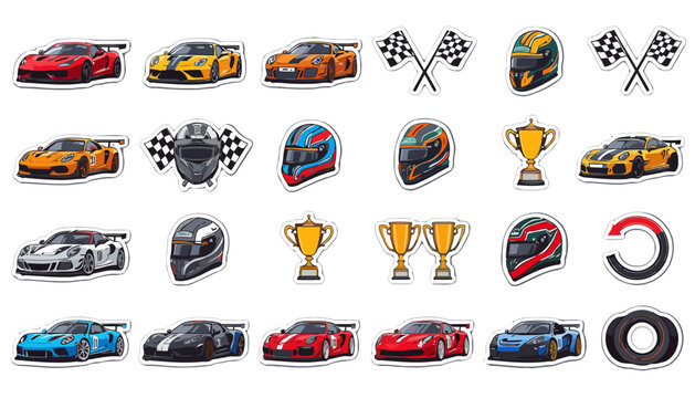 A high quality flat vector sticker collection featuring sports cars, racing helmets, checkered flags, trophies, tires, and dashboard icons with white die cut borders.
