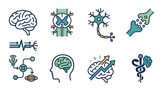 Neurology and neurobiology color line icons set with brain synapse neuron and caduceus symbols