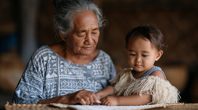 A Samoan grandmother sits beside a toddler on a woven mat, demonstrating how to hold a crayon using a traditional hand-over-hand guiding technique, multigenerational bonding,