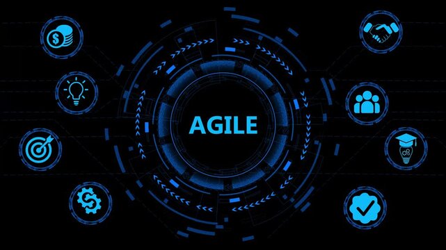AGILE. Concept with keywords, letters and icons. Colored flat icon illustration animated. on black background.