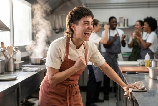 Female chef celebrating success in a commercial kitchen with happy diverse team clapping