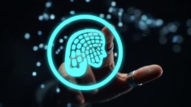 Person interacting with glowing blue artificial intelligence head icon in digital environment