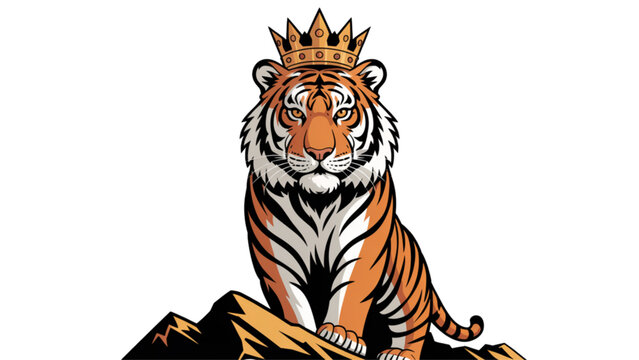 Majestic tiger sitting on a rock with golden crown and royal pose Vector