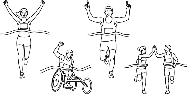 Marathon Finish Line Winner Icon Set with Male Female Runners Parathlete Wheelchair Racer and High Five Teamwork Symbols Vector Line Art for Sports Competition Designs