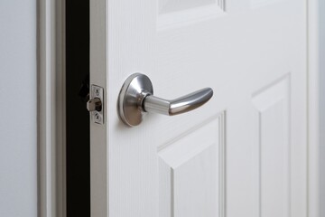 Fototapeta premium The silver door handle on a white interior door in closeup