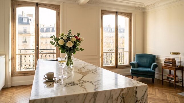 Luxurious gold-veined white marble countertop remains in sharp focus against a blurred background of an elegant Parisian apartment interior.
