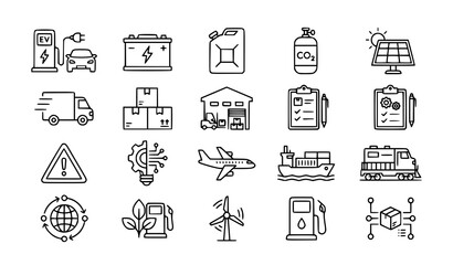 Fototapeta premium Charging station and logistics vector icon bundle with editable outline symbols