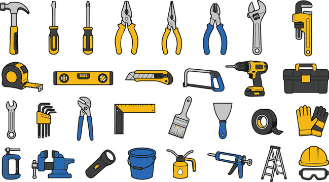 Set of diverse hand tools on transparent background png file