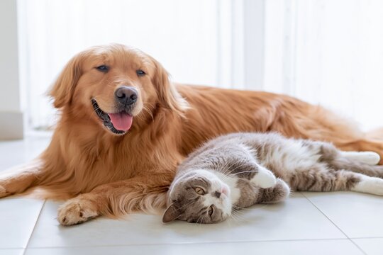 The Golden Retriever and Cat Relaxing Together in Bright Minimalist Home Interior
