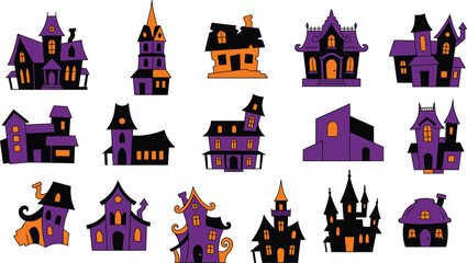 Naklejka premium Spooky Halloween Haunted House Vector Set and Creepy Castle Silhouette Illustration