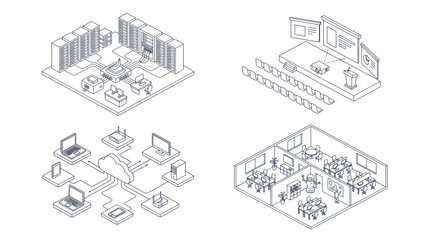 Obraz premium Isometric technology and office workspace illustration set featuring data center server racks, cloud computing network, conference room, and classroom for corporate presentation and website