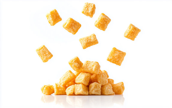 Falling tasty sweet corn sticks, isolated on white background