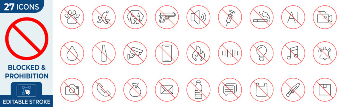 Collection of twenty seven prohibition and blocked signs featuring various forbidden activities and objects in outline style.