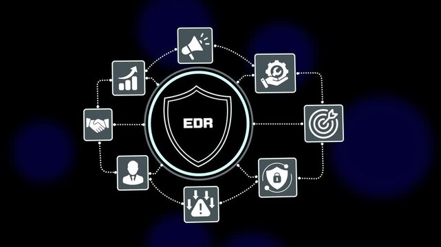 Endpoint Detection and Response EDR concept with shield icon, cyber threat monitoring, enterprise endpoint security and intelligent defense management.