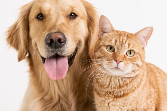 The Golden Retriever and Orange Tabby Cat Together in a Friendly Studio Portrait