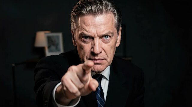 Man wearing a suit and tie is sternly looking at the camera while giving a sharp finger point towards it.