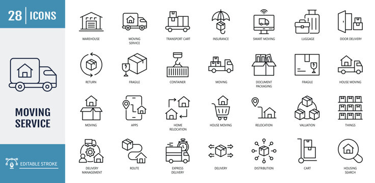 Moving Service icon set. including moving house services, packing, loaders, office moving, freight transportation, and more. outline icon set. vector illustration with editable stroke