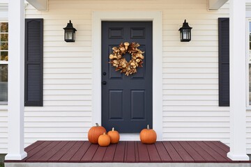 Obraz premium The Blue Front Door with Harvest Wreath and Pumpkin Display on Porch