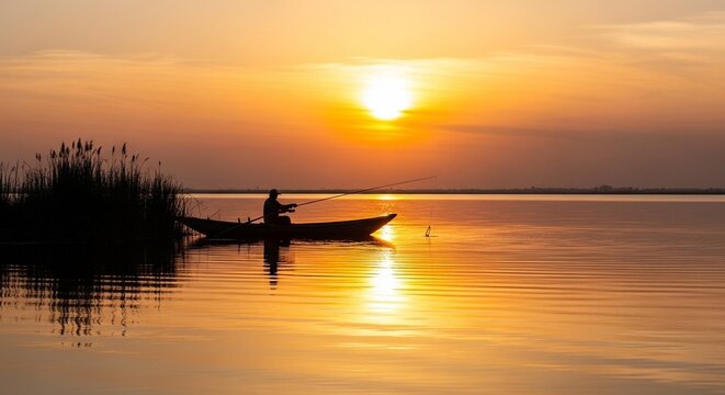 Fisherman in silhouette on a boat at sunset over calm lake