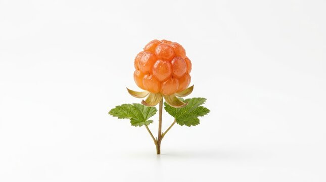 Cloudberry on White: A single, ripe cloudberry, its translucent golden-orange drupelets glistening, stands isolated on a clean white background, showcasing its unique texture and delicate structure.