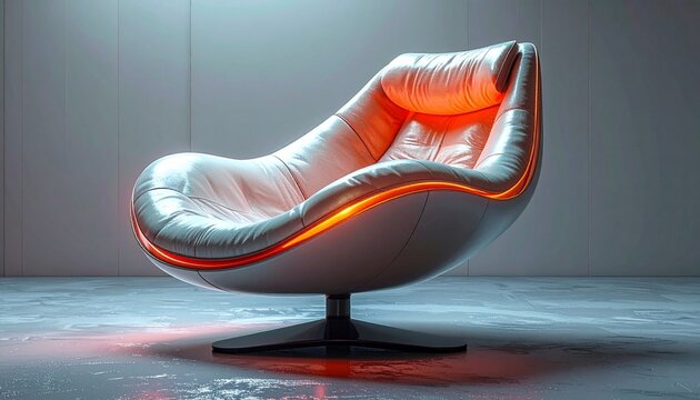 Modern, futuristic chair with orange underglow, set against a concrete floor and grey wall