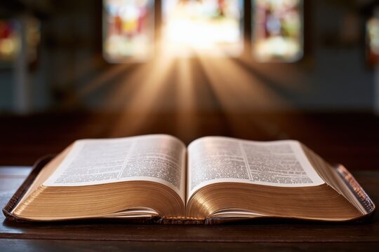 The Open Bible Bathed in Golden Sunlight on a Wooden Table