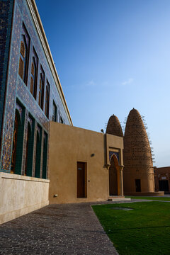 Doha, Qatar. December 15, 2023: Mosque Katara Masjid with minaret in Katara cultural village in Doha, Qatar