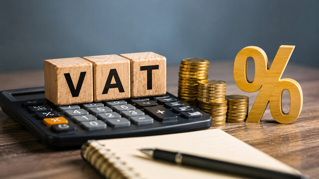 Value Added Tax Calculation Concept. Wooden Blocks with VAT Text on Calculator, Wood Percentage Sign, Stacks of Coins and Notebook with Pen on Office Table.