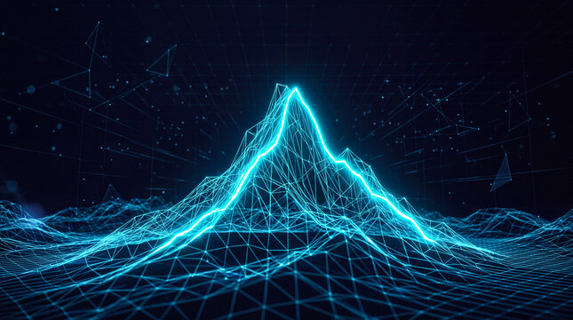 Futuristic Neon Cyan Wireframe Mountain Peak Landscape with Digital Grid and Particles