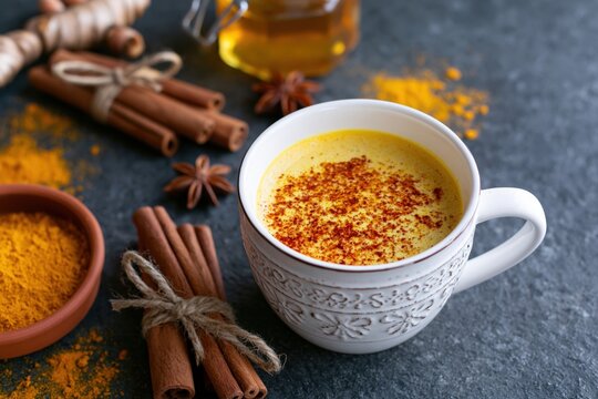 The Turmeric Latte in a Ceramic Mug with Golden Steam and Spices