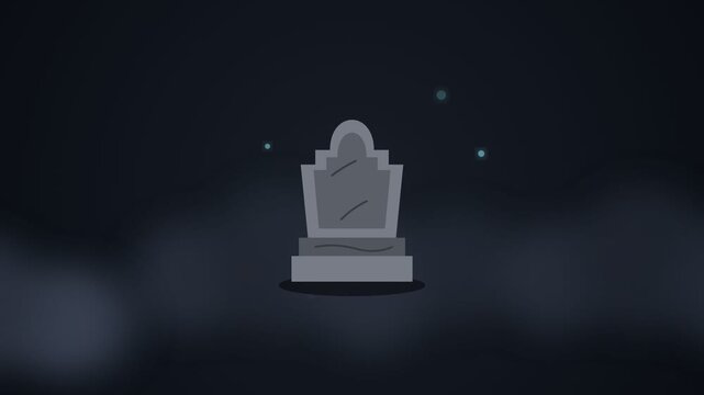 Gravestone standing still in a dark mysterious animated graveyard with glowing blue particles and swirling fog for Halloween spooky mournful death holiday digital design and eerie background content