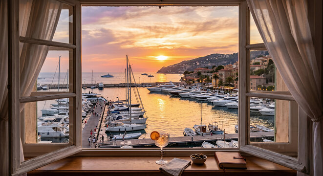 Yacht Harbor Spreading Beyond Open Window with Golden Sunset Reflecting on the Water Surface, Elegant Coastal Lifestyle Scenery