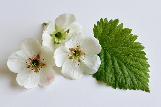 The Strawberry Blossom and Leaf Composition on White Background, Fresh and Delicate