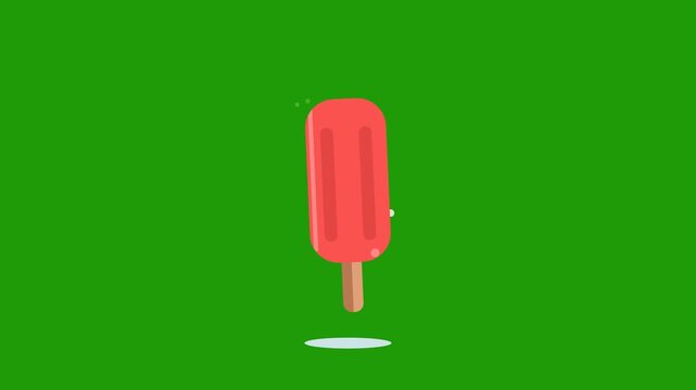 Red fruit popsicle icon bouncing in a seamless loop animation on a green screen chroma key background in a flat cartoon style for a fun summer food and cool refreshing dessert concept