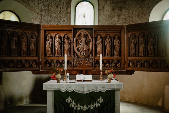 Carved wooden altarpiece in a historic church