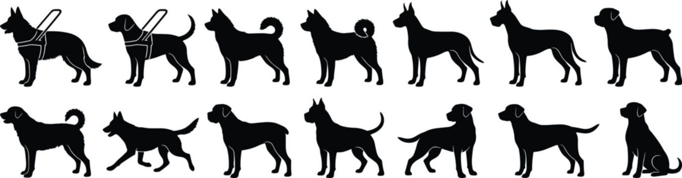 Dog Silhouette Collection Featuring Multiple Standing Walking and Sitting Canine Breed Poses