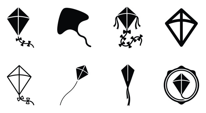 Minimalist kite icon variations set, premium vector line art bundle for digital marketing, clean geometric horizontal kites graphic designs for creative branding projects isolated on white bac