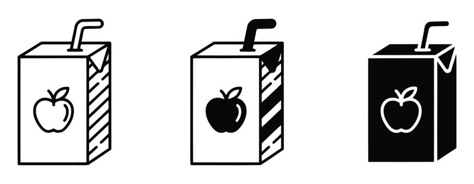 Juice box with straw icon set. Vector icons of a juice box and apple in black on a white background. Apple Juice Box With Straw Flat Silhouette beverage. 