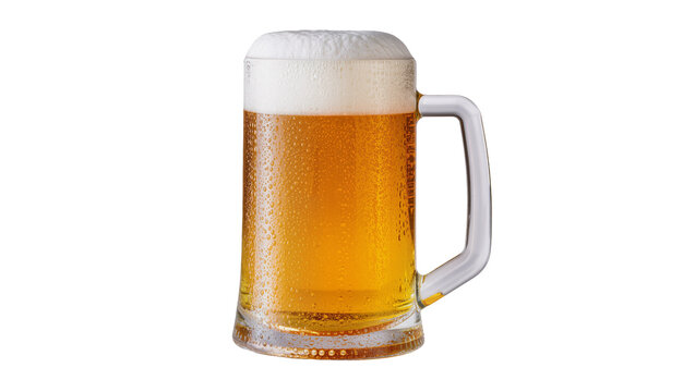 Isolated refreshing glass beer mug with cold golden beer and frothy white foam, covered in droplets