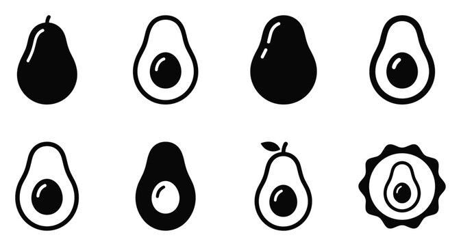 Minimalist avocado icon variations set, premium vector line art bundle for digital marketing, clean geometric horizontal avocados graphic designs for creative branding projects isolated on whi