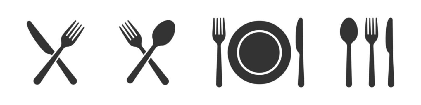 Fork knife plate and spoon icon set. Menu symbol. Restaurant icon. Food plate fork knife spoon cutlery vector illustration.