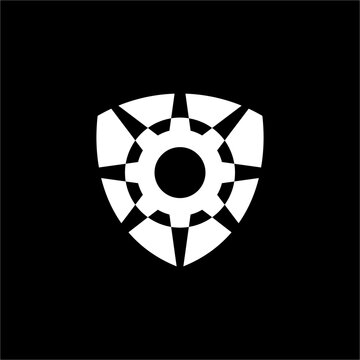A unique, dynamic shield shattered into geometric beams around a central gear. Best for aerospace, AI development, and advanced robotics.
