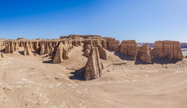 Aerial view of majestic yardang landforms in the Gobi Desert, Dahaidao, Xinjiang, China