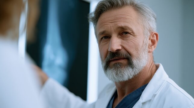 Serious senior male doctor with a distinguished grey beard and white lab coat looking at the camera, with a medical scan in the background.