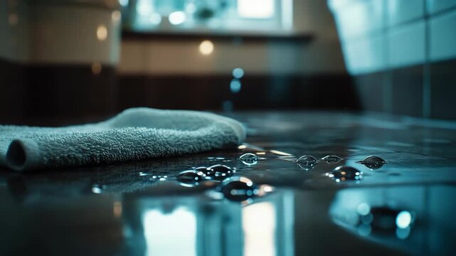 Water leaking on bathroom floor near bathtub with towel and droplets reflecting warm light home problem concept showing plumbing damage moisture and risk of flooding in modern interior environment