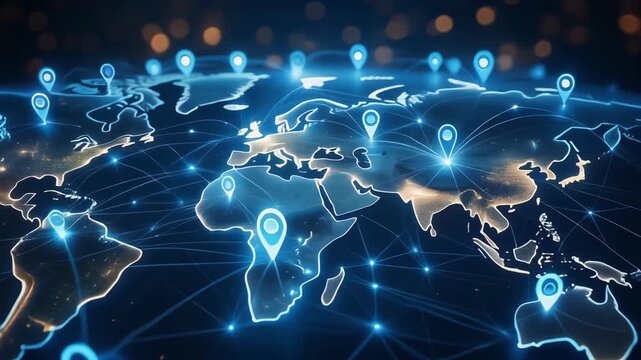 Global Network Connections and Digital World Map Visualization.