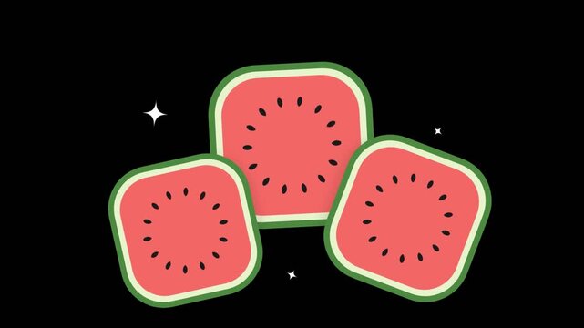 Square watermelon slices falling in a seamless loop on a black background in a cute 2D cartoon animation style for a fresh summer food pattern or fun abstract design concept
